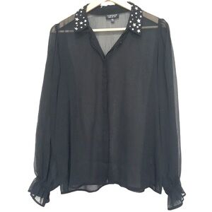 𝅺TOPSHOP black sheer long sleeve sequin collar shirt blouse sz 8